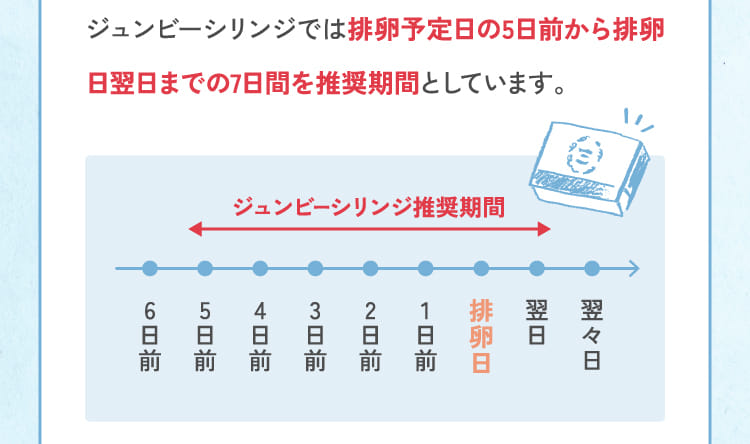 ジュンビーシリンジでは排卵予定日の5日前から排卵日翌日までの7日間を推奨期間としています。