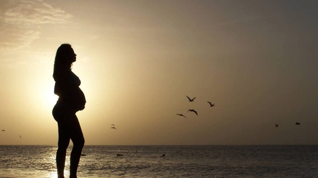 夕日の中、女性が裸で海辺に立ってかもめの飛ぶ空を見つめている