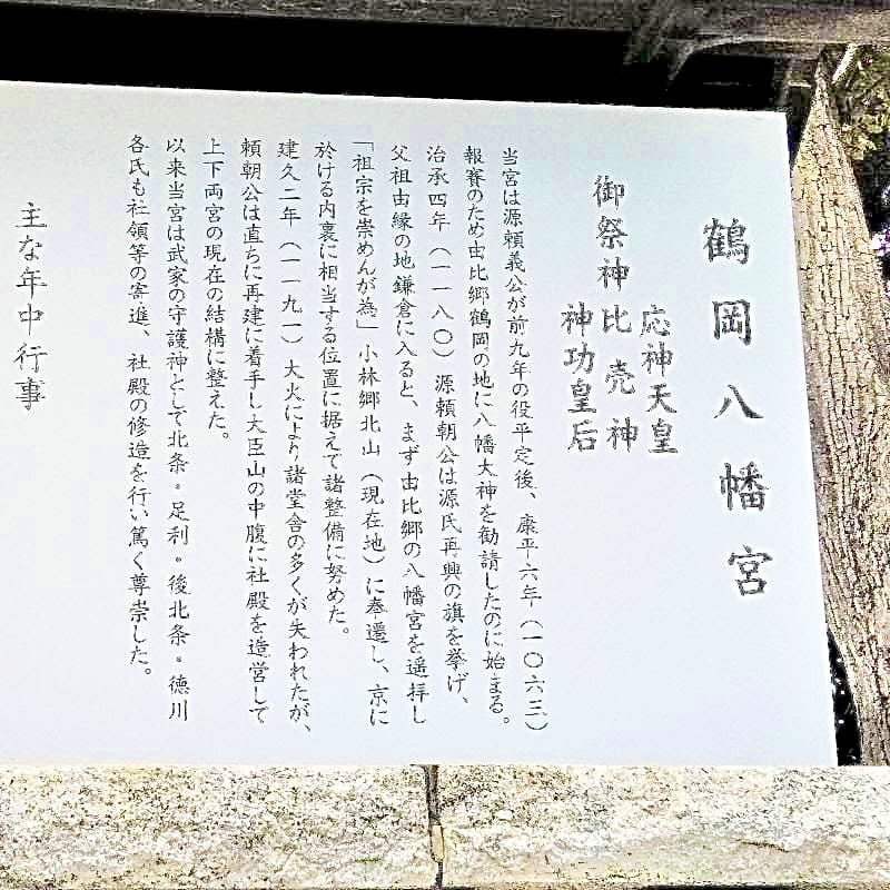 神奈川県の鶴岡八幡宮さまのご由緒板で、神社とご祭神の正式名称が書かれています。